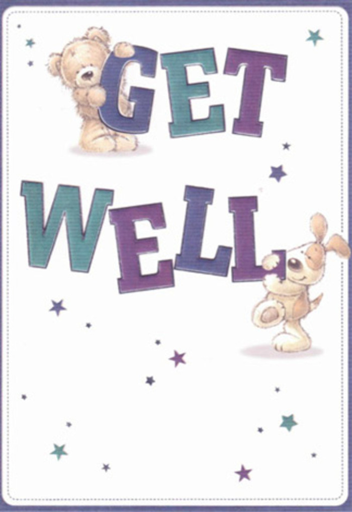 An endearing get well card illustration unfolds like a gentle storybook scene, ideal for brightening a room in Hackney on a grey afternoon. In the centre, the phrase Get Well anchors the composition, each letter drawn boldly in jewel-like tones of indigo, purple, and teal. The words have a soft, shaded quality, as if they were cushioned blocks you could lift from the page, their rounded edges and subtle highlights catching imaginary light. Perched on the upper part of the word GET, a plush teddy bear leans forward, its golden-brown fur built from short, overlapping strokes that suggest gentle fluff under the fingertips. Its expression is open and friendly, with wide eyes and a small smile that radiate quiet reassurance. Supporting the lower word WELL, a floppy-eared puppy in warm beige tones presses close, its head slightly tilted and tail hinted at with a playful curve, giving the impression of affection and loyalty. Dancing across the creamy white background, a scatter of tiny starbursts and spark-like flecks in turquoise, lavender, deep blue, and soft plum frame the characters like a cloud of wishes drifting above the rooftops from London Fields to Dalston. The negative space around the central figures is intentional and soothing, echoing the calm you feel stepping into a well-kept, light-filled room with a fresh vase of flowers. The illustration carries no clutter, only sweetness and clarity, making it perfect to accompany the emotional comfort of a hand-delivered bouquet from a trusted Hackney florist, sending both visual and emotional brightness to someone on the mend.