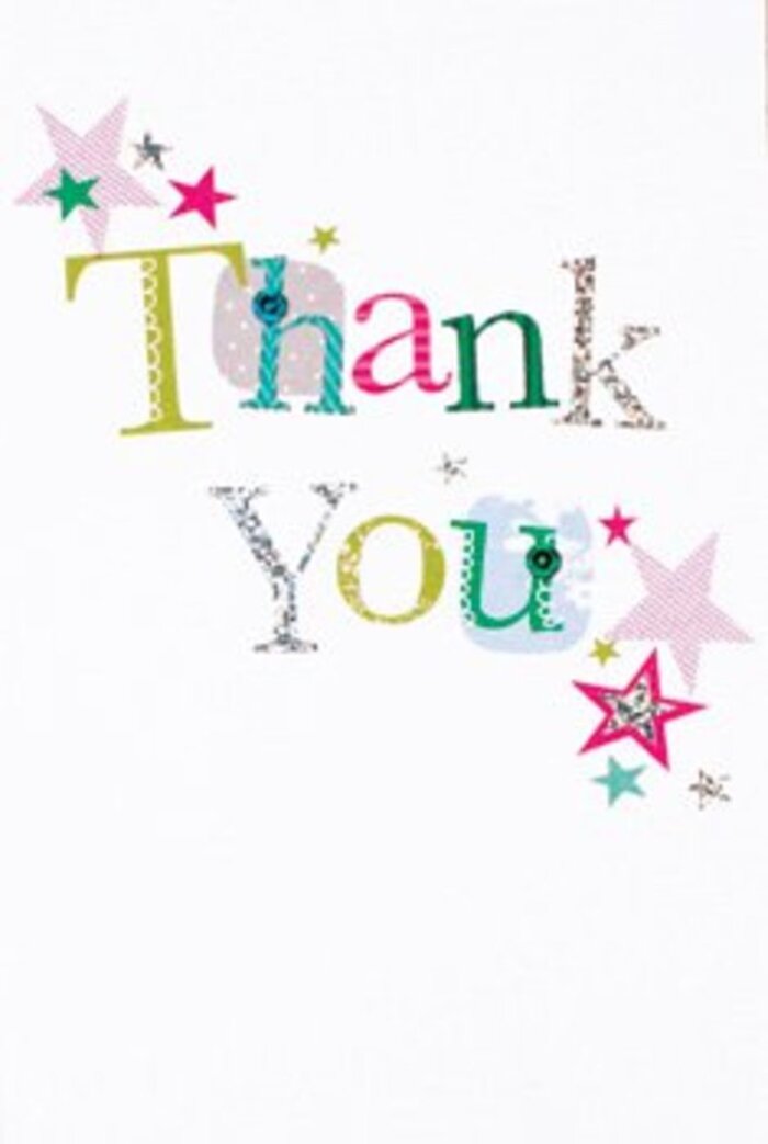 The thank you card's design speaks quietly yet confidently to Hackney's blend of artistry and community warmth. Each letter of 'Thank You' is styled with its own character-some are gracefully curved with whimsical polka dots, others shine in silver or are adorned with subtle stitched details, together forming a harmonious patchwork that hints at the unique shops lining Mare Street. Clusters of vibrant stars, in pinks, deep turquoise, and glittering silvery whites, seem to bless the sentiment with extra brightness, their arrangement reminiscent of Hackney's lively street art scattered through hidden corners. The composition feels modern yet deeply personal, offering the clean confidence of a gallery's white wall and the playful touch of local crafts. Tactile details and deliberate use of colour reflect a florist's care, making it a perfect companion to a bespoke arrangement delivered anywhere from Clapton to Homerton. Universally warm and uplifting, this card is as suitable for celebrating a milestone as for simply brightening someone's day, expressing gratitude that lingers much like the fragrance of fresh flowers in a Hackney home.