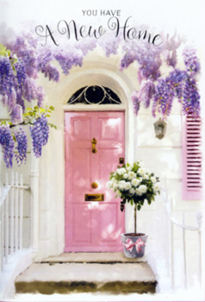 This Hackney doorway scene feels like the moment just before you turn the key on a new chapter of life, captured in soft colour and delicate flowers. A subtly weathered pink door, painted in a milky blush that sits somewhere between rose and shell, anchors the composition against bright white walls. To one side, a pastel shutter echoes the same hue, creating a harmonious frame that lets the eye rest easily on the entrance. Above, wisteria tumbles from a vine in abundant clusters of lavender and lilac blooms, their petals forming long, trailing garlands that sway dreamily and cast intricate shadows on plaster and wood. The blossoms seem to hold the warmth of an East London afternoon, the kind you might feel strolling back from Victoria Park or the canals near Hackney Wick. At ground level, right on the doorstep, a carefully arranged bouquet of creamy white roses is cradled in a simple grey metal bucket, the flowers overflowing in a generous, cloud-like mass. Each rose appears soft and full, layered with velvety petals, and interwoven with sprigs of fresh green foliage that add texture without disturbing the palette's serenity. Around the bucket's base, a pale pink ribbon is tied in a graceful bow, its gentle sheen catching the light like a quiet smile. The overall effect is one of intimate celebration and reassurance, as though a local florist has placed this arrangement here to congratulate someone on their new home in Hackney. It whispers welcome, good luck, and may your days be as tender and fragrant as these blooms, greeting you every time you step through this pastel-framed door.