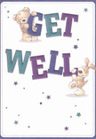 A whimsical illustrated get well card shows a soft, honey-brown teddy bear and a floppy-eared puppy working together to share a heartfelt message, much like friends in Hackney rallying around someone who's unwell. The bear leans over the bold indigo and teal word GET, its rounded paws and stitched muzzle rendered with gentle shading that makes the fur look plush and huggable. Below, the caramel-coloured puppy balances playfully against the word WELL, its velvety ears flopping to one side, eyes bright with concern and affection. The large, blocky letters feel almost three-dimensional, as if carefully cut from coloured card and set proudly in the centre of the page. Scattered around them, small starbursts in blues, purples, and soft teal float across a clean, creamy white background, like hopeful wishes drifting over London Fields or along the quiet paths of Victoria Park. The lighting in the artwork is even and clear, with no harsh shadows, giving the whole design a light, airy calmness often sought in a get well bouquet. Every brushstroke suggests care: textured fur, rounded faces, and soft gradients in the lettering mirror the way a florist might layer petals and foliage for comfort and joy. The overall mood is one of gentle optimism and childlike reassurance, perfect for sending warmth to someone recovering at home in Hackney or resting in a nearby hospital, pairing beautifully in spirit with a cheerful vase of bright blooms delivered by a local florist.